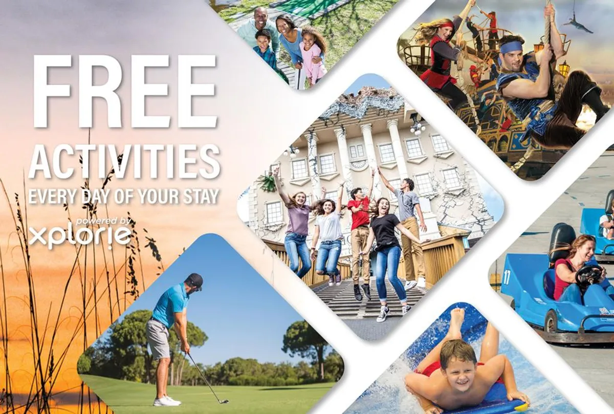 A vibrant collage of family activities including golfing, water sports, theme park rides, and group outings. The image conveys the excitement and diversity of entertainment experiences available through the Free Fun Program.